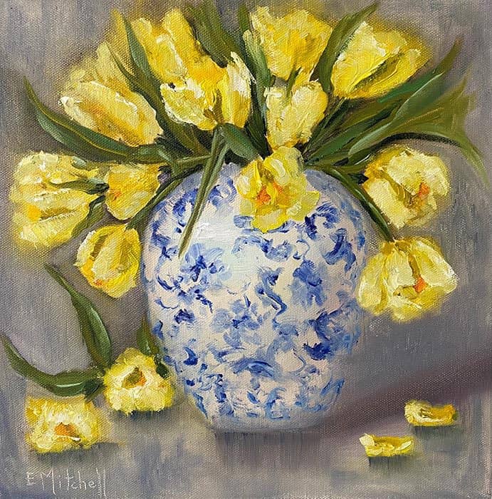 yellow flower, blue vase